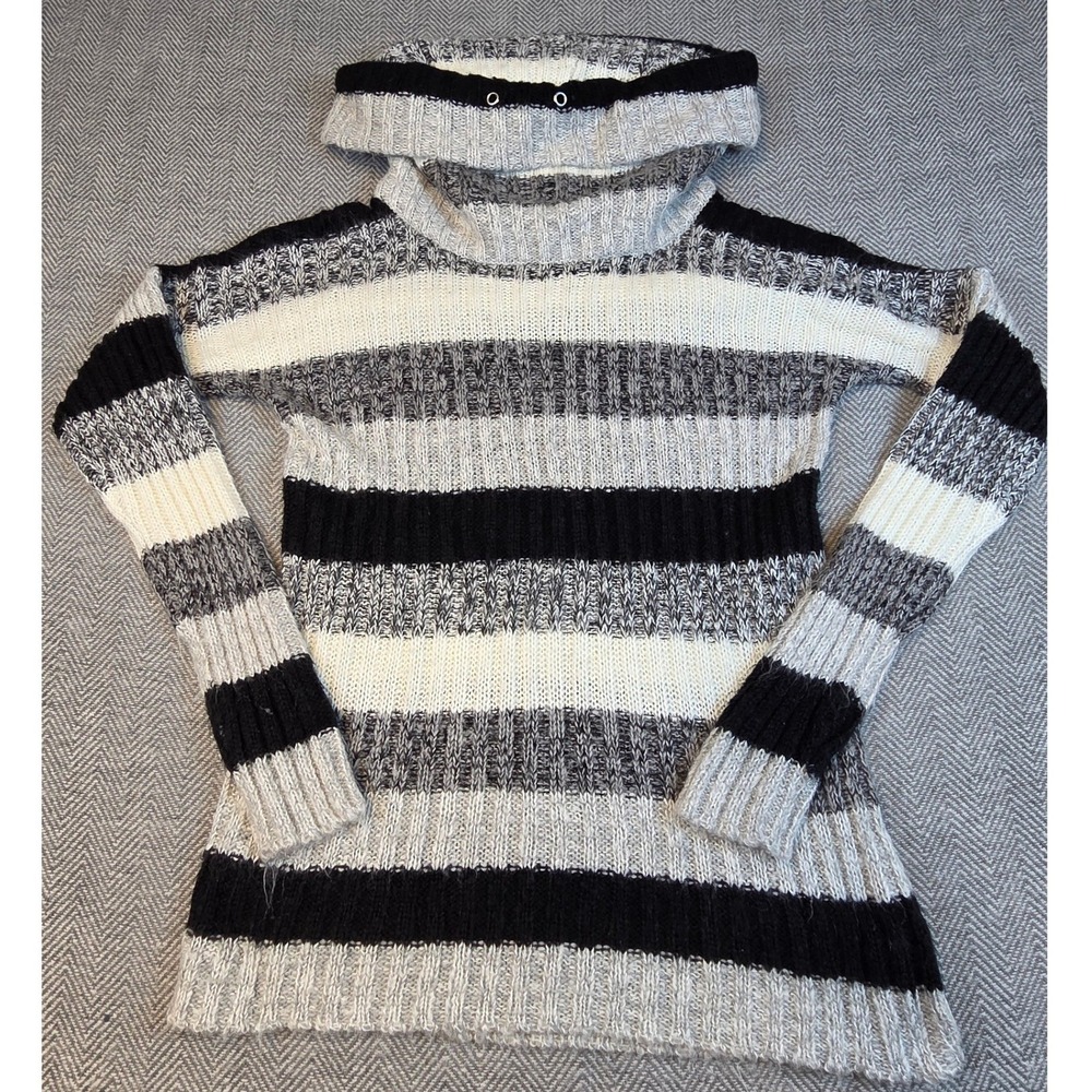 Derek Heart Striped Cowl Neck Tunic Sweater Black White Grey Small RN 104317